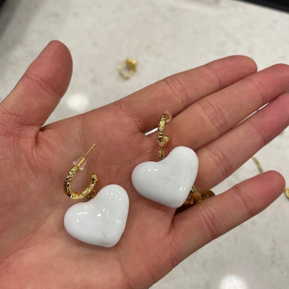 Gold and White Heart Earrings